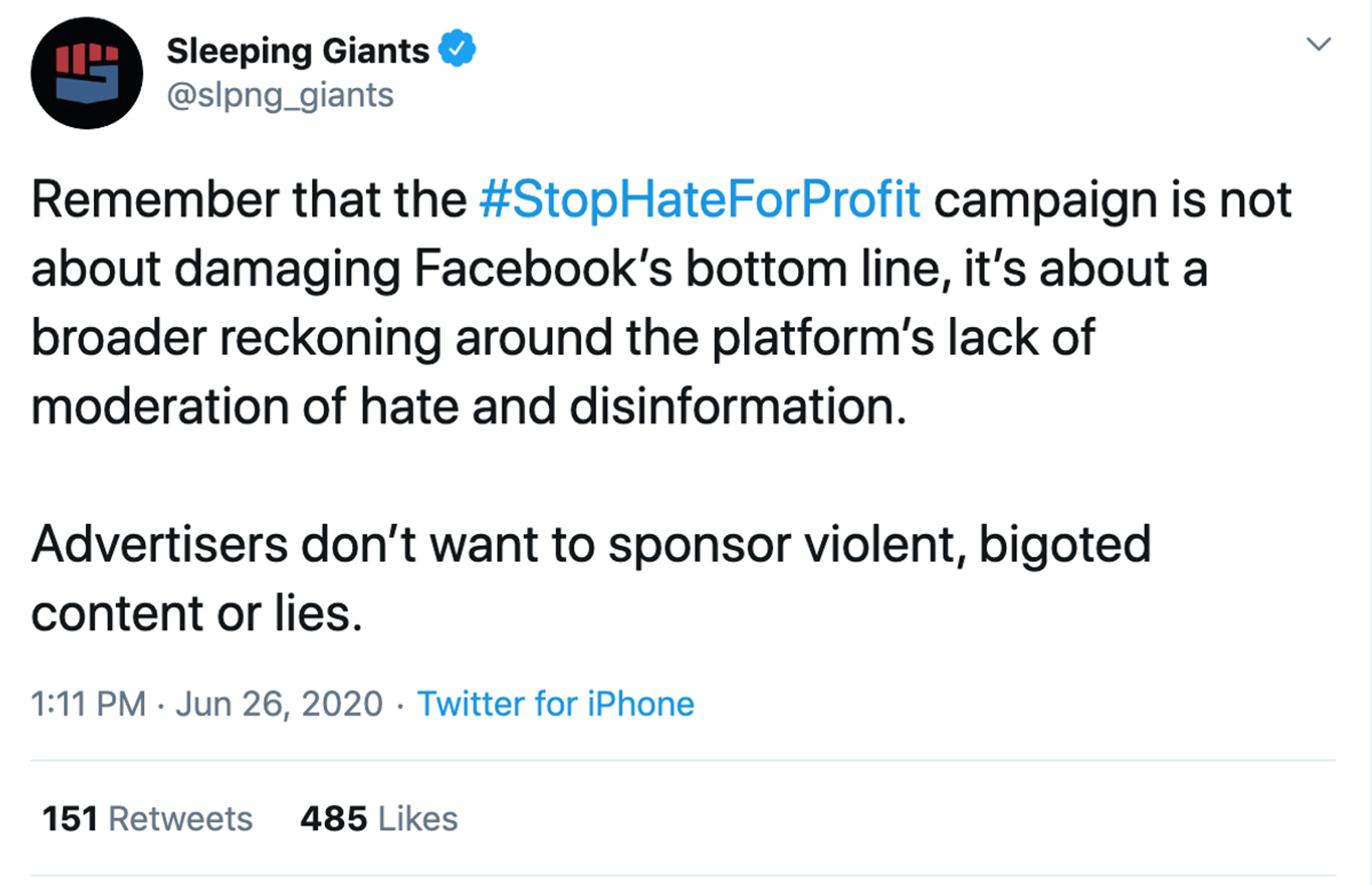 Picture of a tweet that provides clarity around the purpose of the #StopHateForProfit campaign.