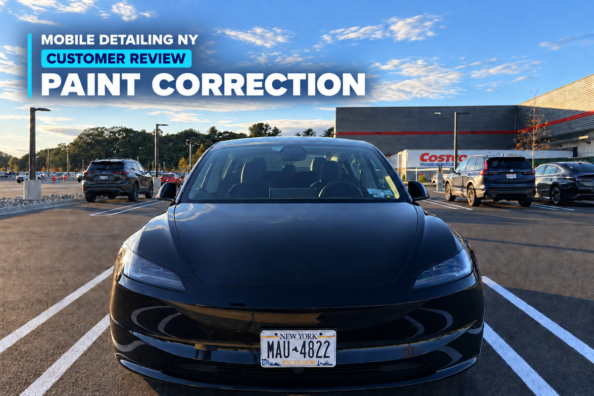 Black Tesla at sunset with a Mobile Detailing NY Customer Review and Paint Correction graphic.