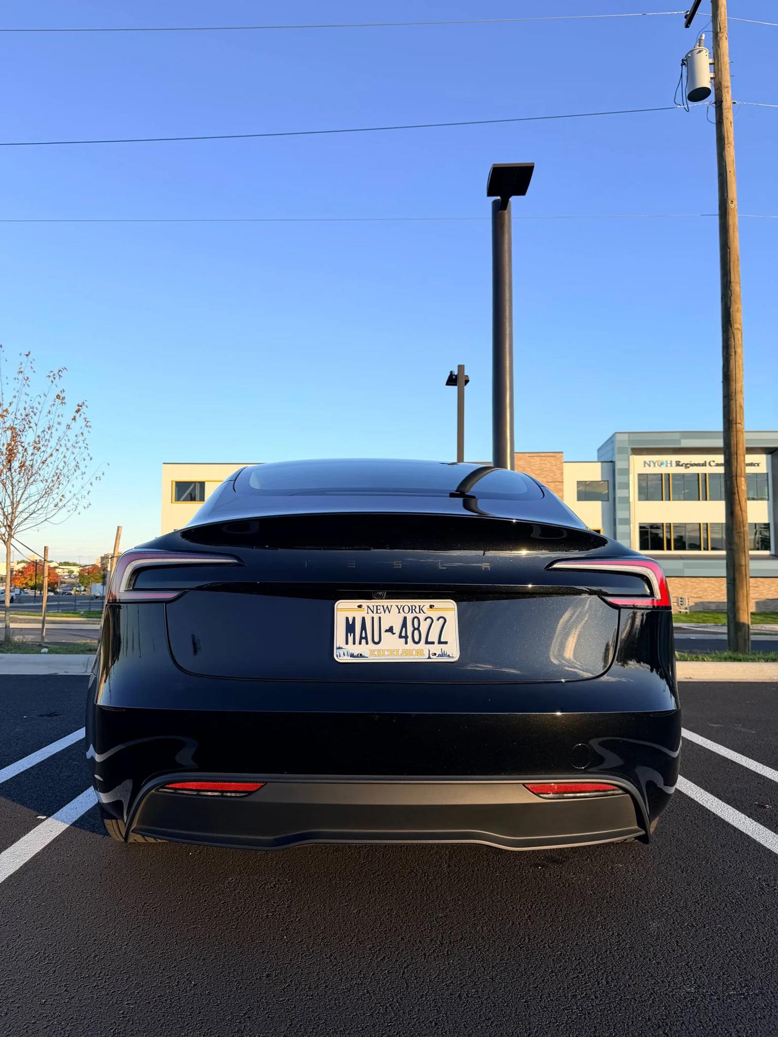 Close rear view of a black Tesla in natural light.
