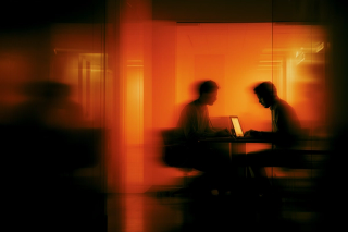stylized image of people working together at a desk