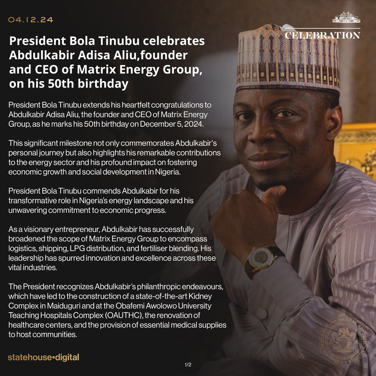 President Tinubu Celebrates Abdulkabir Adisa Aliu, Founder and CEO of Matrix Energy Group, On His 50th Birthday