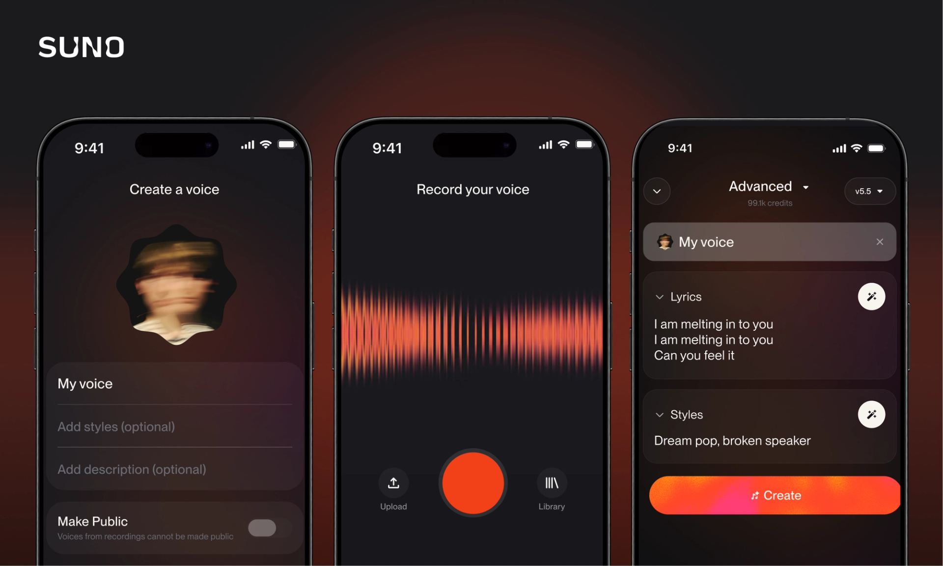 Voices is now available on mobile. The image shows three phones that show the flow to create a new voice in Suno