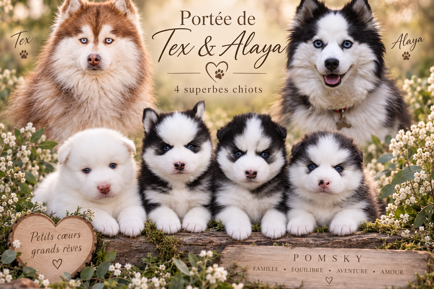 Portée Pomsky - Alaya et Tex, chiots Pomsky nés le 4 août 2026