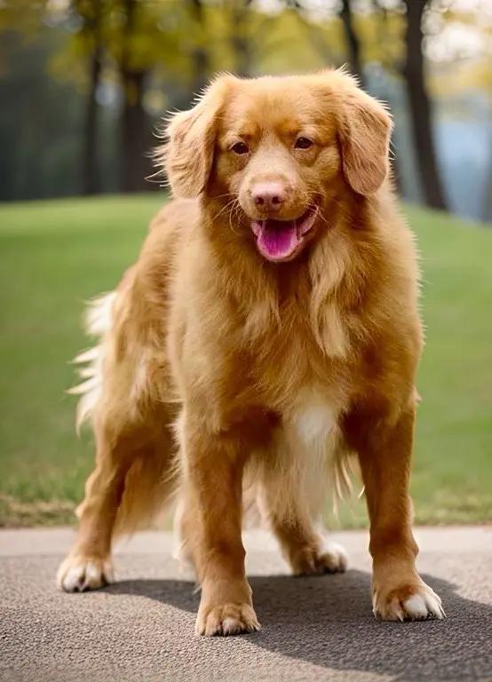 Tsarush, mâle retriever de la Nouvelle-Écosse au pelage roux vif, en position debout
