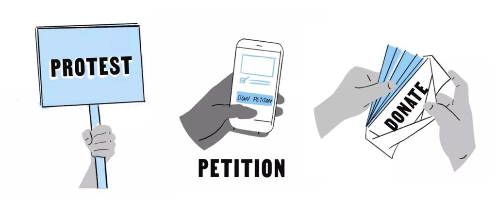 Icons for protest, petition, and donate