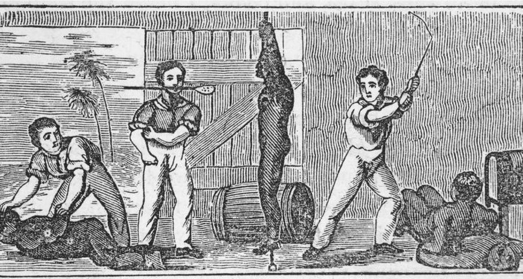 Historical illustration of three white men whipping four black men