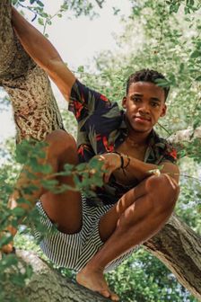 Young black man is climbing and sitting in a tree