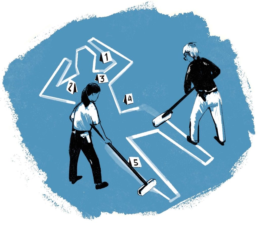Illustration of two people are painting over a crime scene