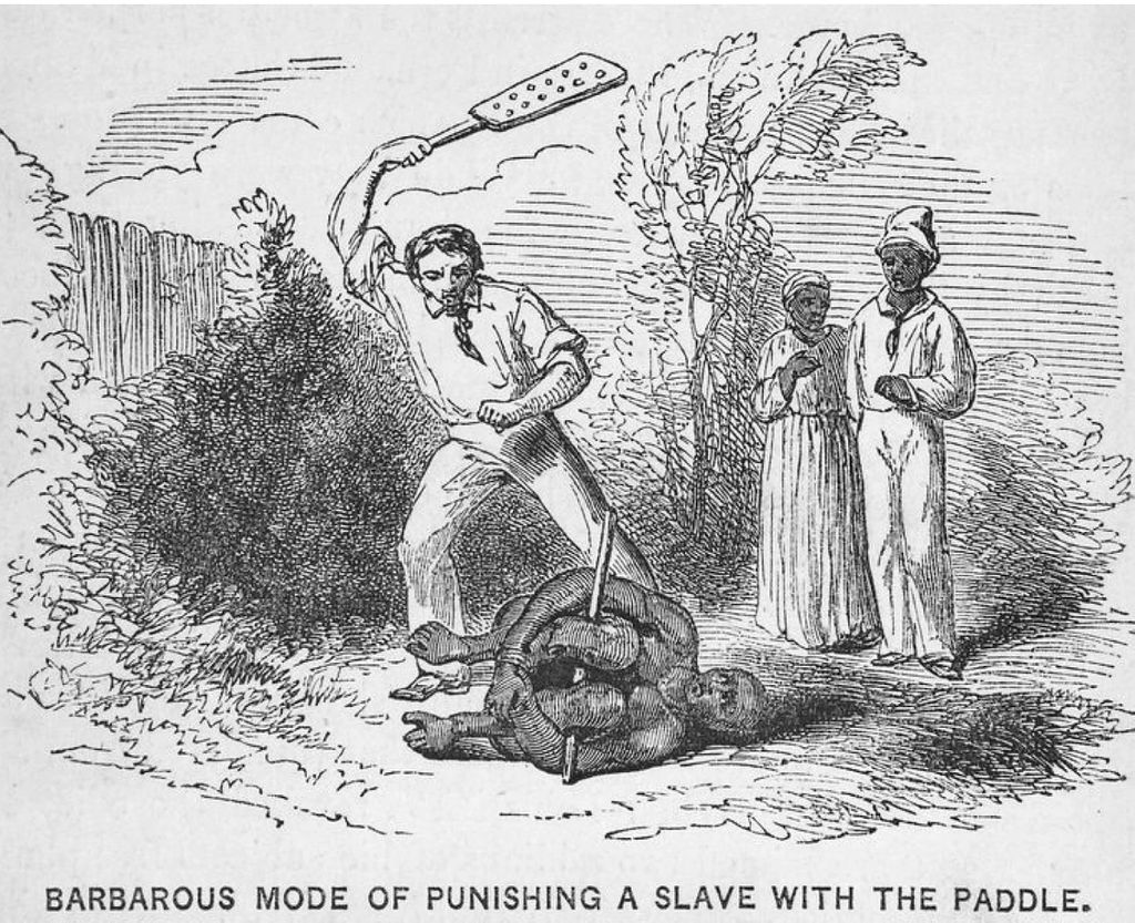 Historial illustration of "Barbarous Mode of Punishing a slave with a paddle"
