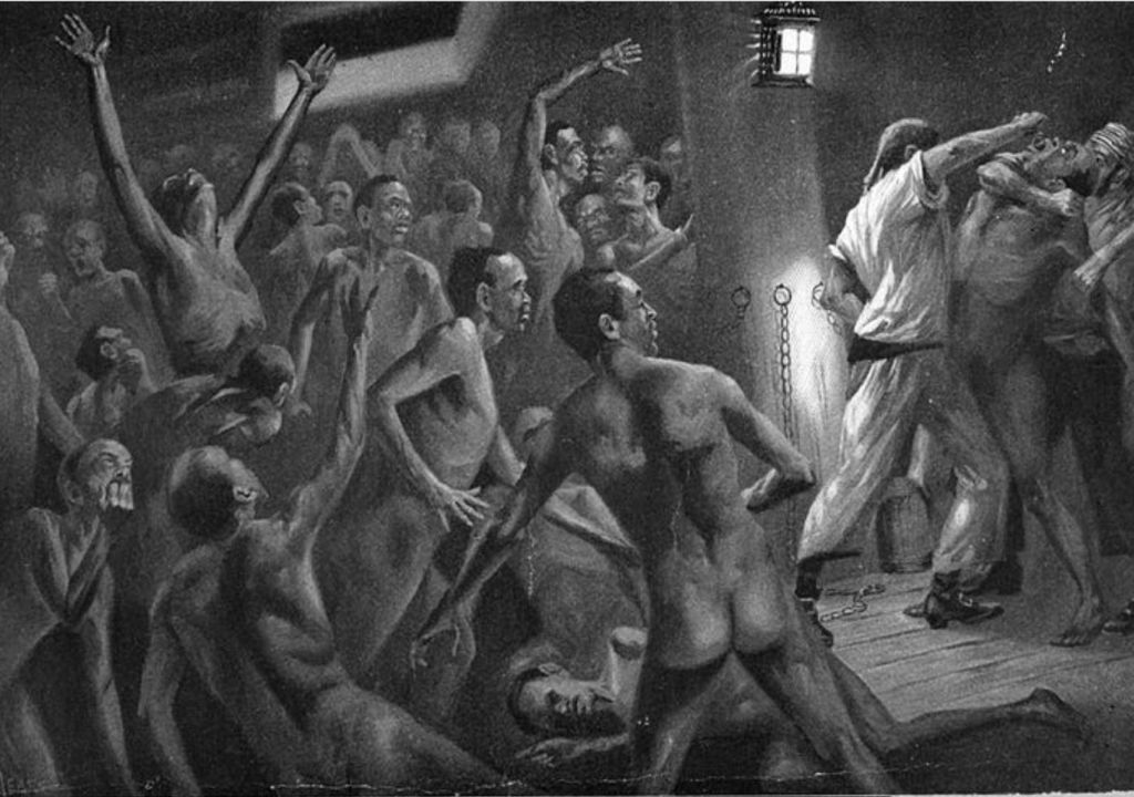 Historical drawings of enslaved people interacting with violent slave ship crews