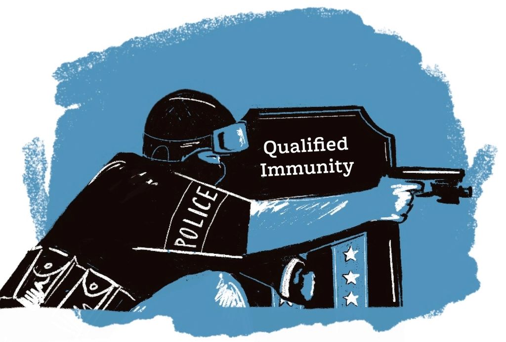 Illustration of a policeman shooting behind a patriotic American shield that reads "Qualified Immunity"