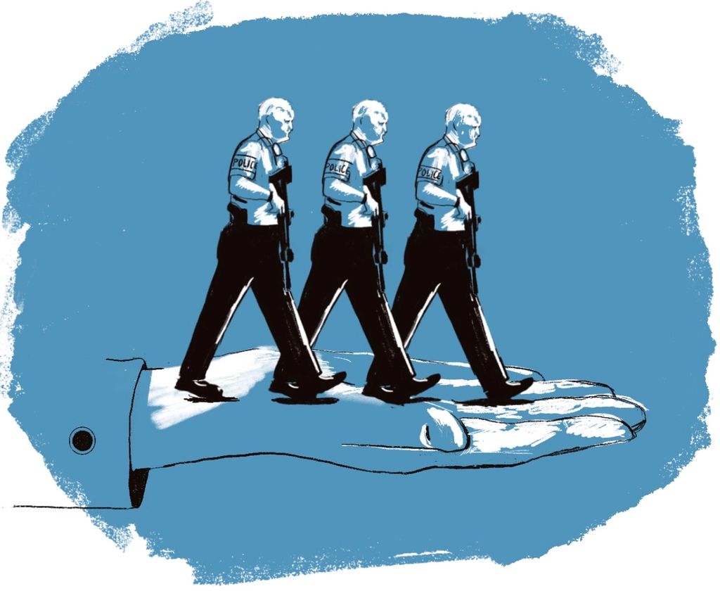 Illustration of three policemen walking out in freedom on the palm of a district attorney's hand