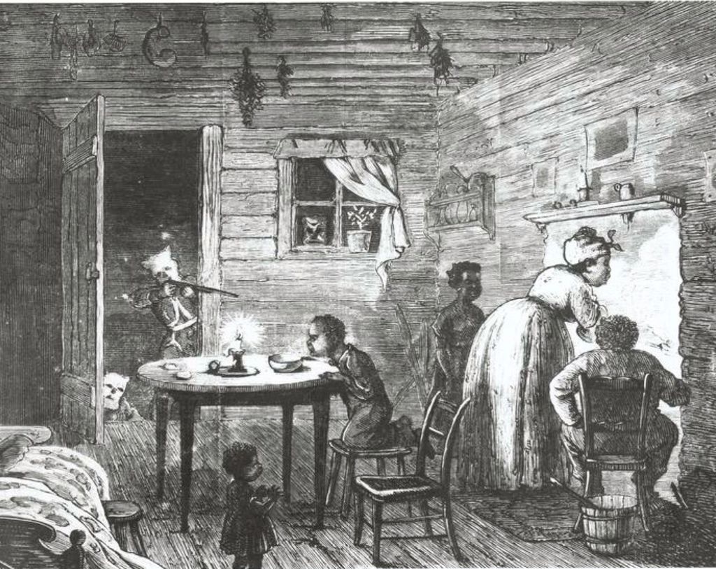 Historical illustration of a klansman going into the home of a black family, shotgun out