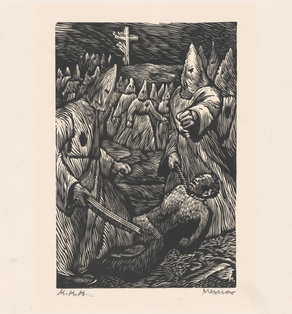 Historical etching of a group of Klansmen attacking one black man
