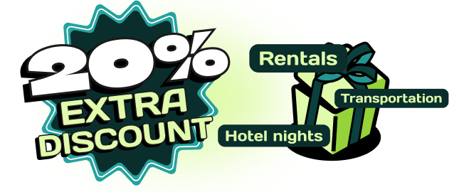 A 20% extra discount badge and the words "rentals", "transportation" and  "hotel nights" around