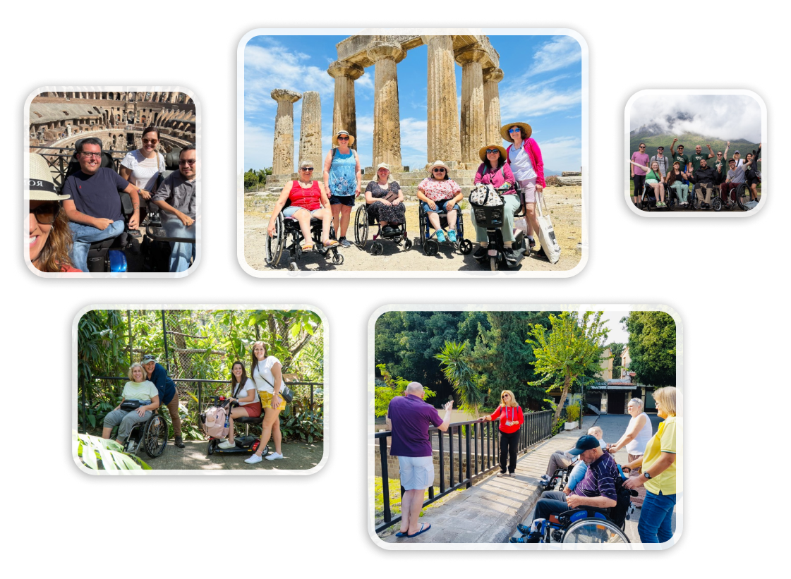 Happy travelers using wheelchairs exploring historic ruins and outdoor attractions together in a group tour. 