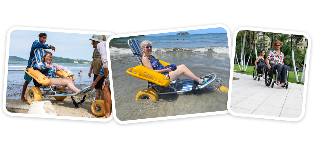 Happy people using wheelchairs enjoying different destinations, from the beach to the city.