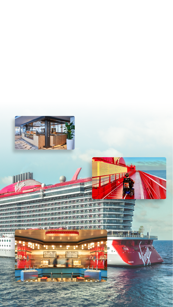  A collage showcasing highlights of a Virgin Voyages cruise. The main image features a sleek, modern cruise ship with the Virgin Voyages logo gliding on calm waters under a blue sky. Insets include: a stylish café with modern décor and light wood finishes, a red outdoor walkway overlooking the ocean with a person using a mobility scooter, and a vibrant retro-style diner with a curved counter, bright lighting, and a playful atmosphere. The collage captures the luxurious and accessible experiences available on the cruise.