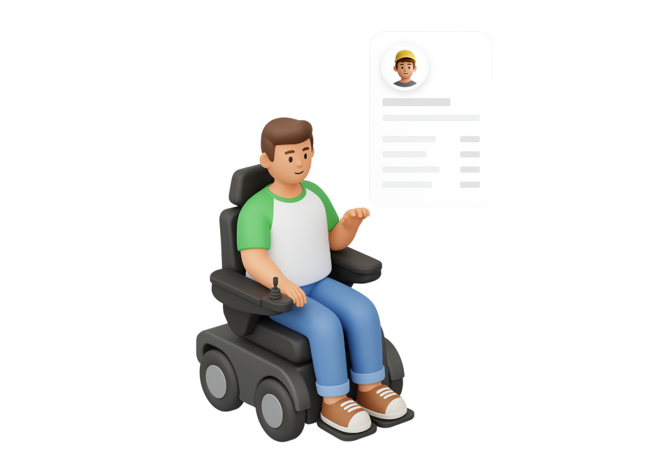 3D illustration of a person in a power wheelchair viewing their accessibility profile.