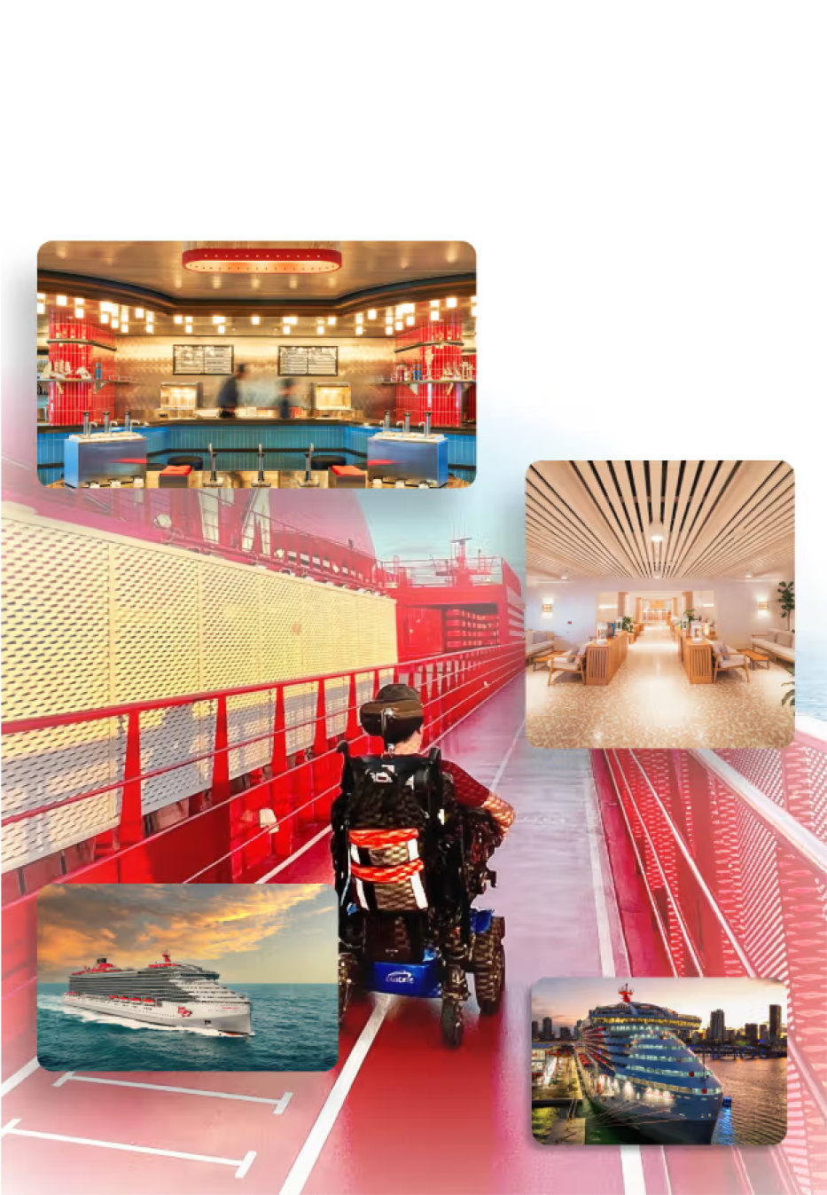  A collage showcasing highlights of a Virgin Voyages cruise. The main image features a sleek, modern cruise ship with the Virgin Voyages logo gliding on calm waters under a blue sky. Insets include: a stylish café with modern décor and light wood finishes, a red outdoor walkway overlooking the ocean with a person using a mobility scooter, and a vibrant retro-style diner with a curved counter, bright lighting, and a playful atmosphere. The collage captures the luxurious and accessible experiences available on the cruise.