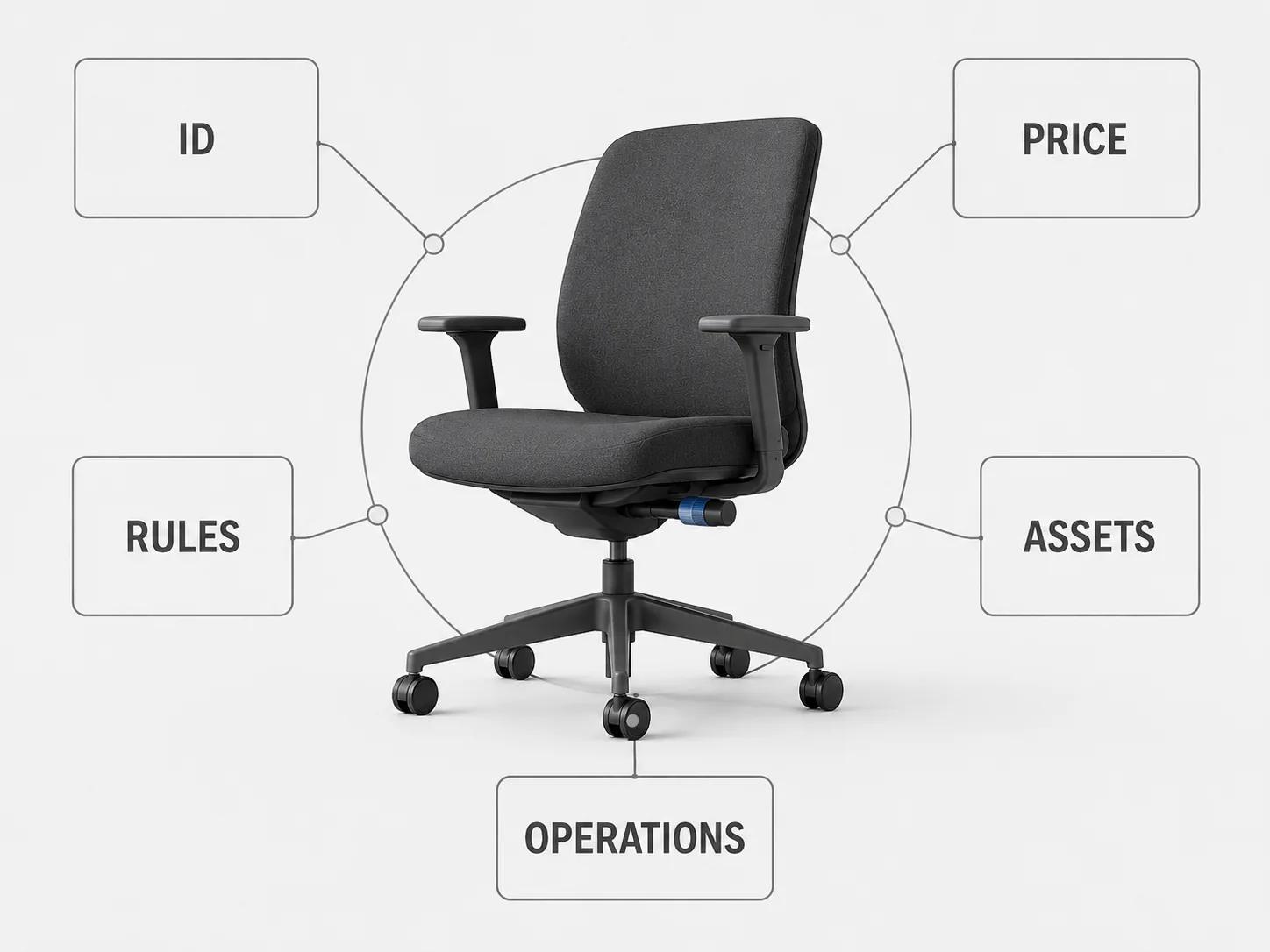 Five broad rails for identity, rules, price, assets, and operations converge on one task chair, showing the dependencies that need ownership before migration.