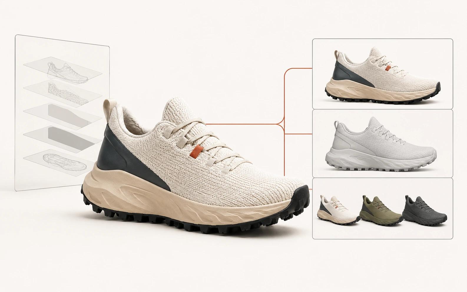 A governed trail-shoe source asset connects to an editable archive and three separately prepared destinations for still imagery, web delivery, and product variants.