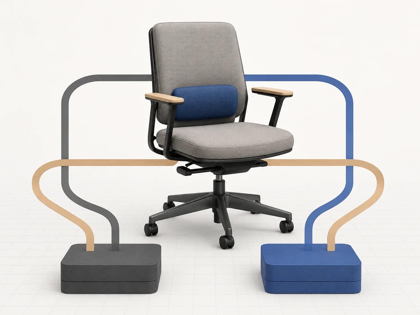 Task chair linked by separate commerce, configuration and visual-state rails to transaction and approval records.