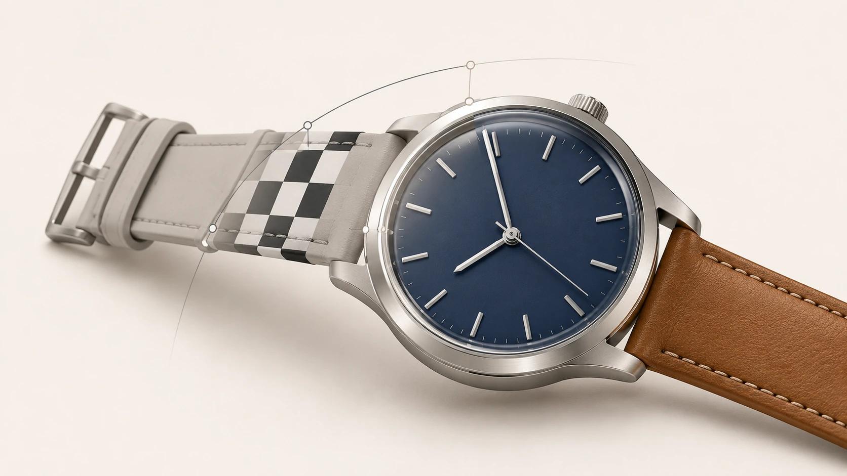 A premium analog wristwatch remains central while restrained surface zones reveal clay geometry, edge highlights, UV checking, and final steel, glass, dial, and leather response.