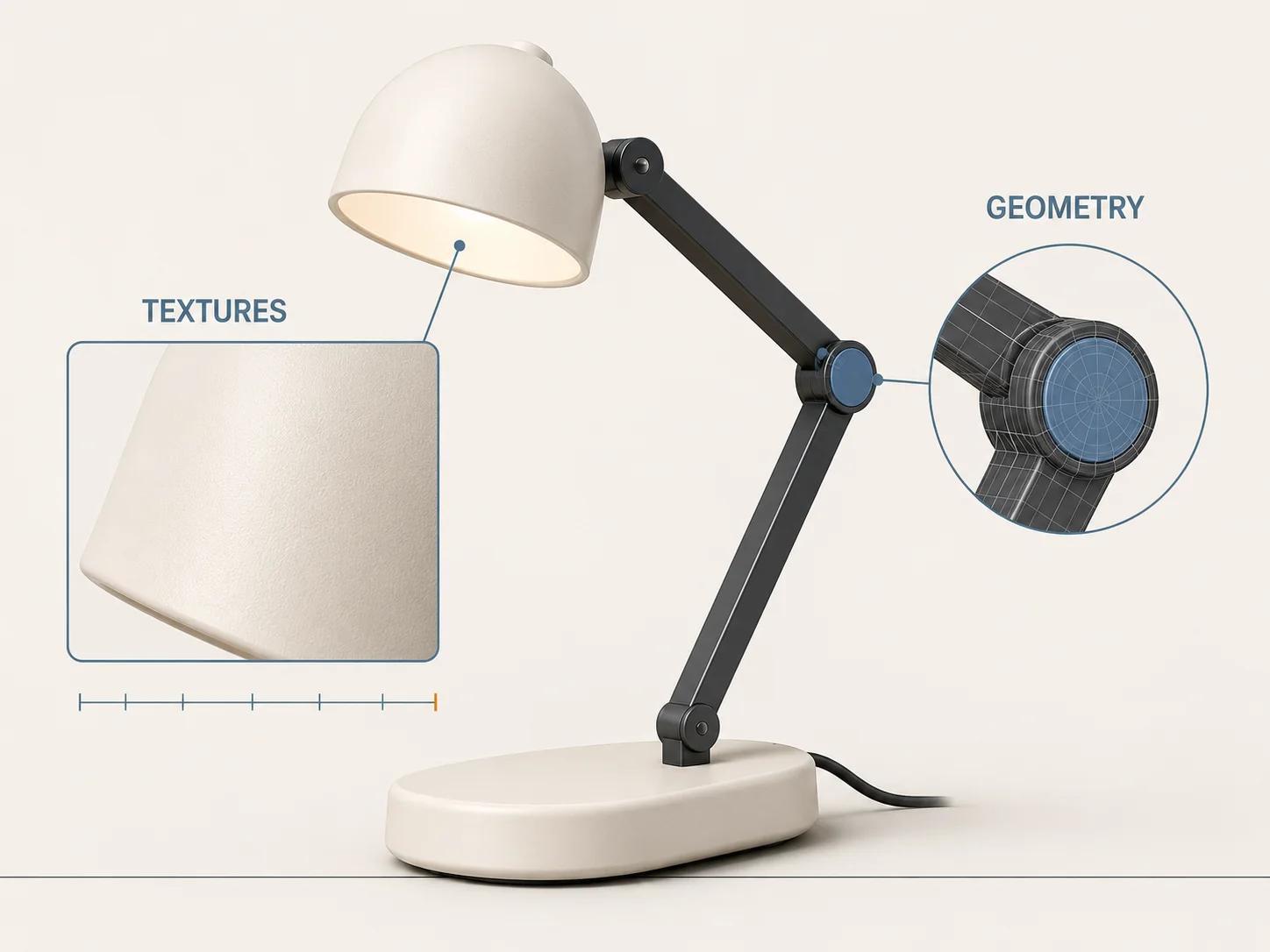 A single desk lamp has one wireframe lens over its hinge and one texture lens over its shade, showing that geometry and texture reductions need different visual acceptance checks.