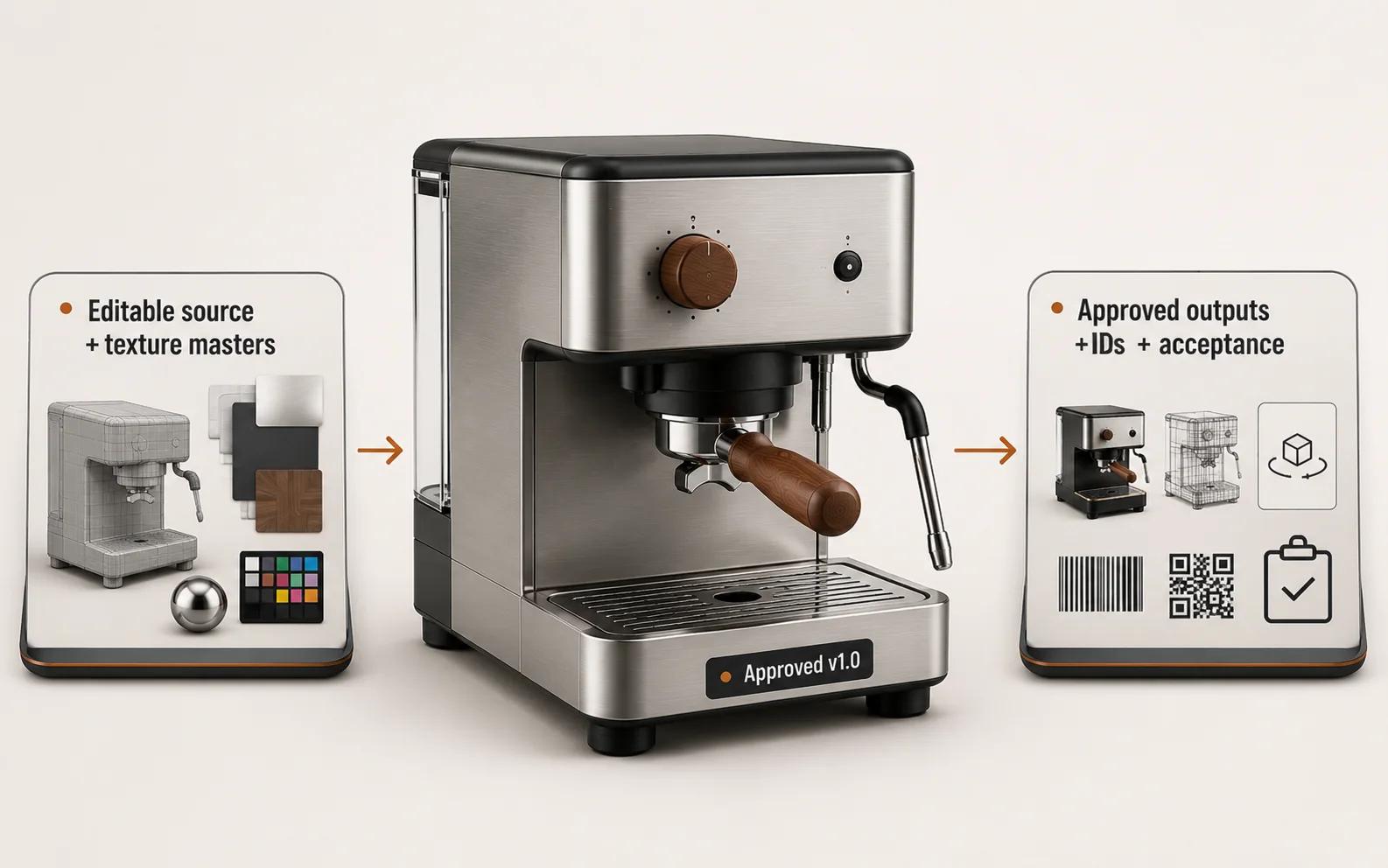 A commerce-ready espresso-machine asset accompanied by a concise handoff package for source, approved outputs, identifiers, and acceptance records.