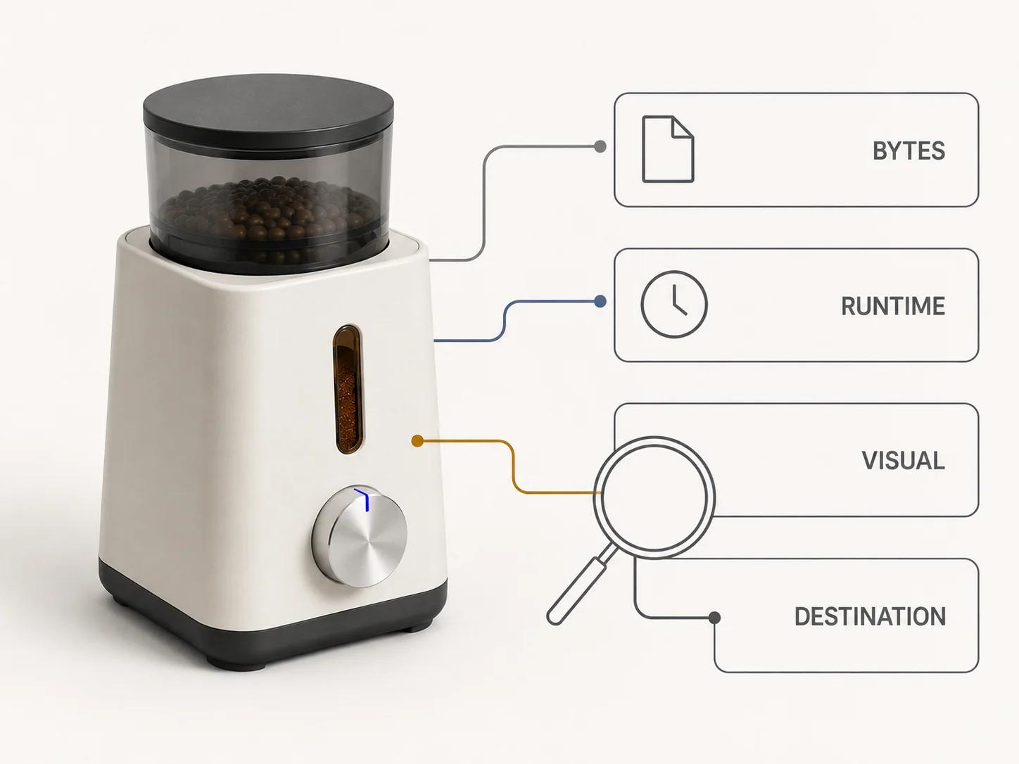 One coffee grinder connects to separate byte, runtime, visual, and destination diagnostic branches, showing that each failure type needs a different investigation.