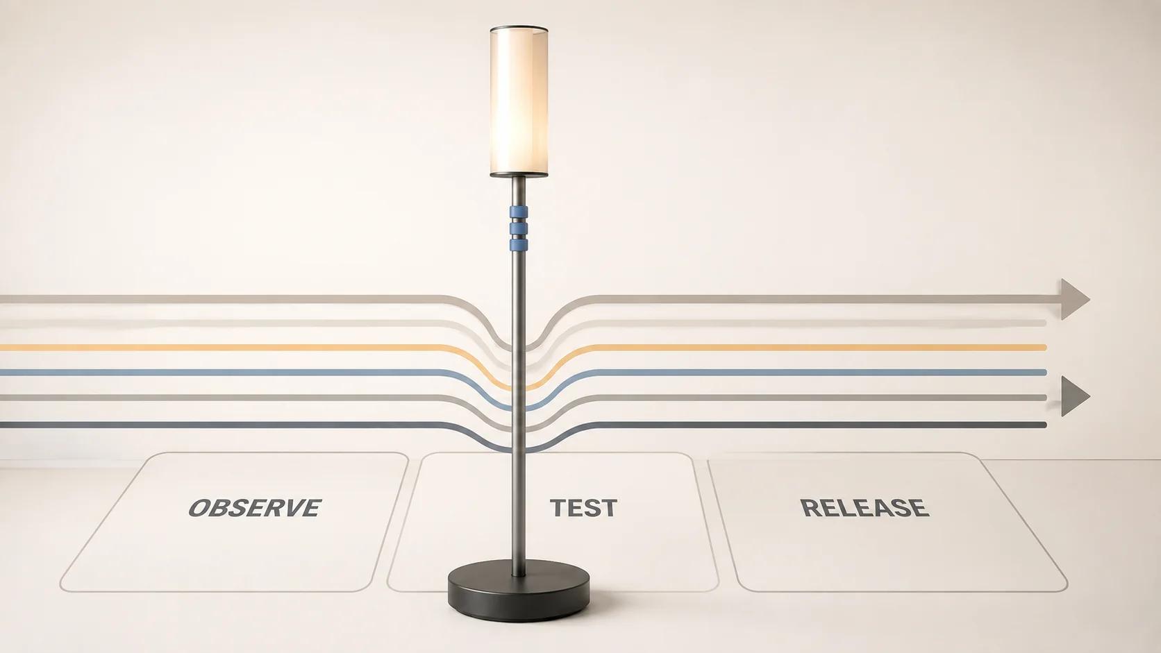 A modular floor lamp sits where six monitoring signals converge through separate observe, test and release fields, showing that post-launch health needs connected evidence.