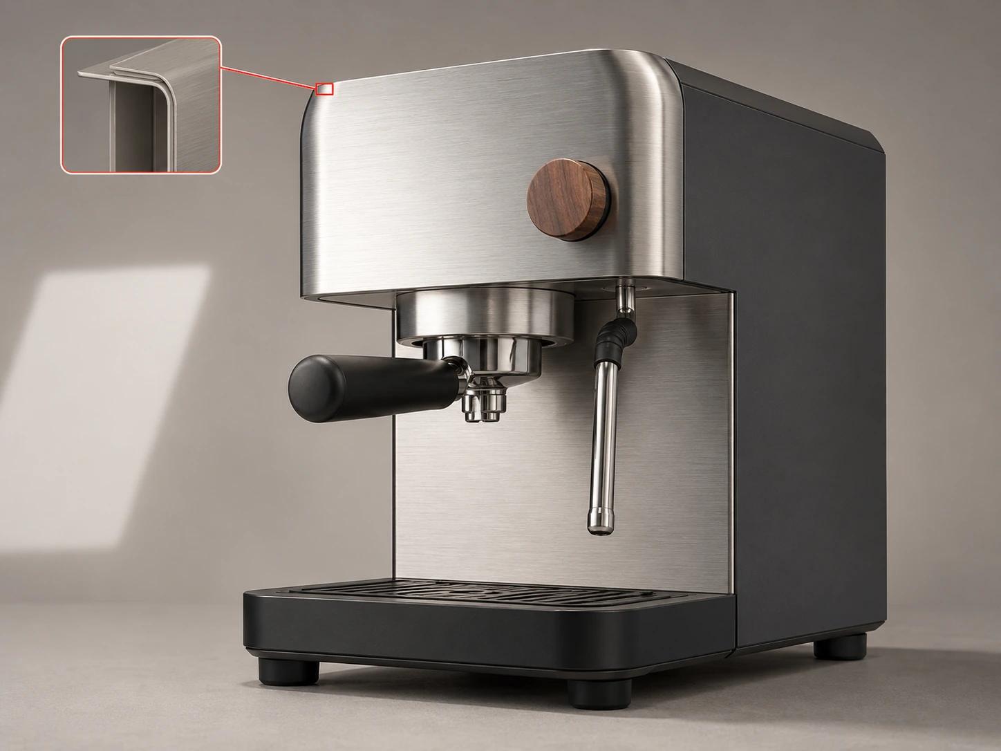 A close product view exposes the espresso machine’s rounded steel edge, directional brushing, broad reflected light and grounded shadow as separate realism checks.