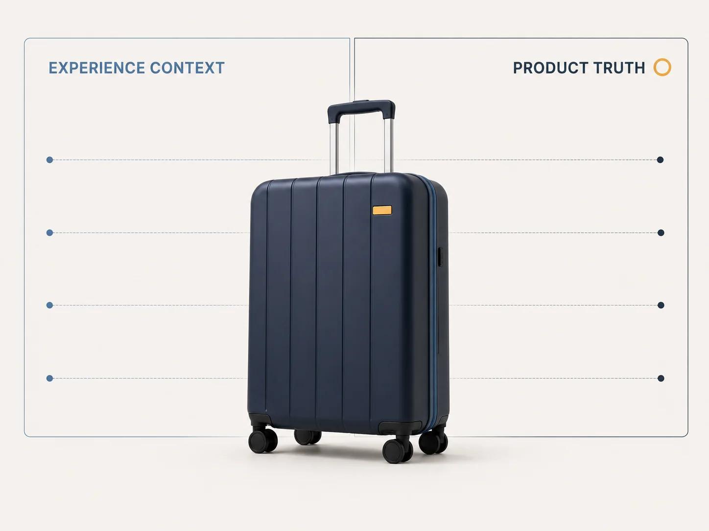 A suitcase bridges two separate architecture zones, keeping shopper and merchandising context apart from product and production truth.