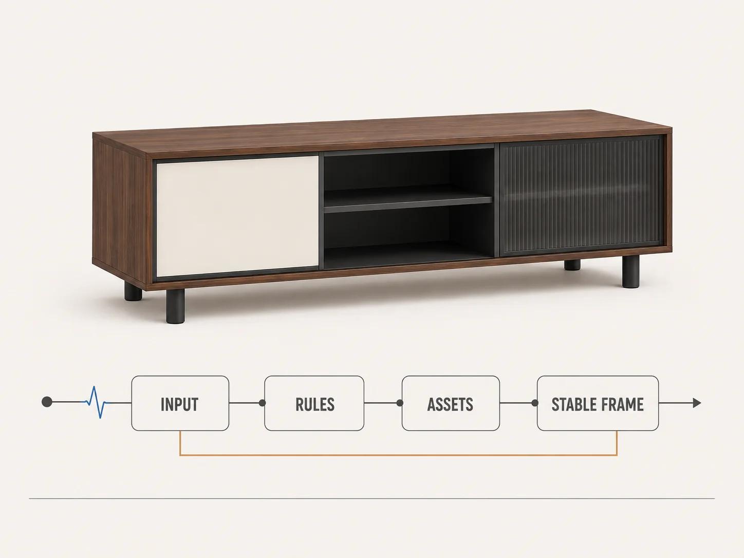 A media console sits above separate input, rules, assets and stable-frame stages, showing that visible feedback and full configuration settlement use different clocks.