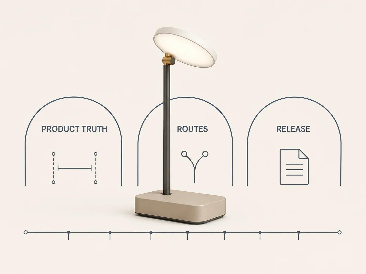 A task lamp passes through product-truth, routes and release arches above eight neutral notches, meaning each scorecard row needs its own evidence.