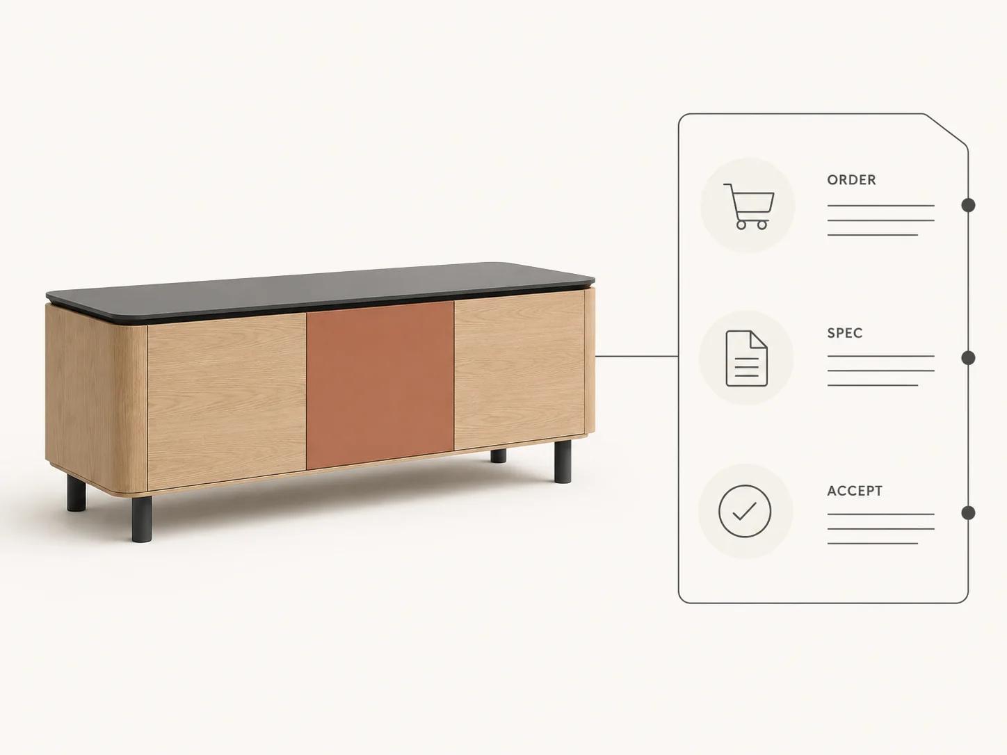 A configured storage console sits beside an order, specification and acceptance trace packet, separating the approved product record from visual proof alone.