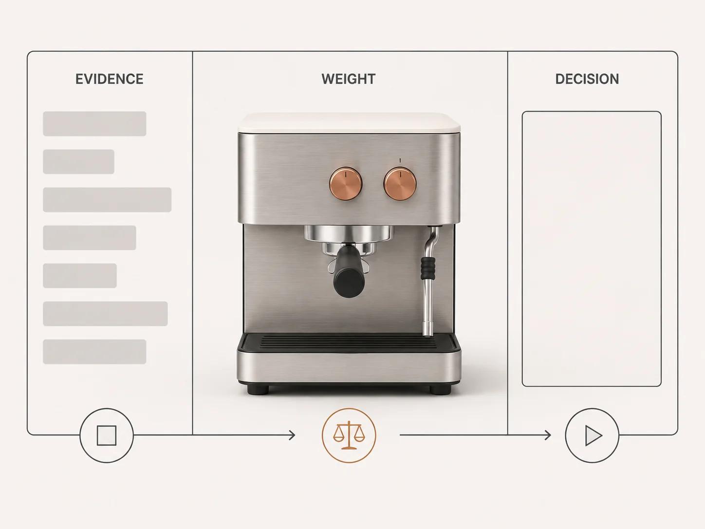 A single espresso machine sits within an evidence, weight and decision frame, while neutral bars show that several criteria contribute without declaring a winner.