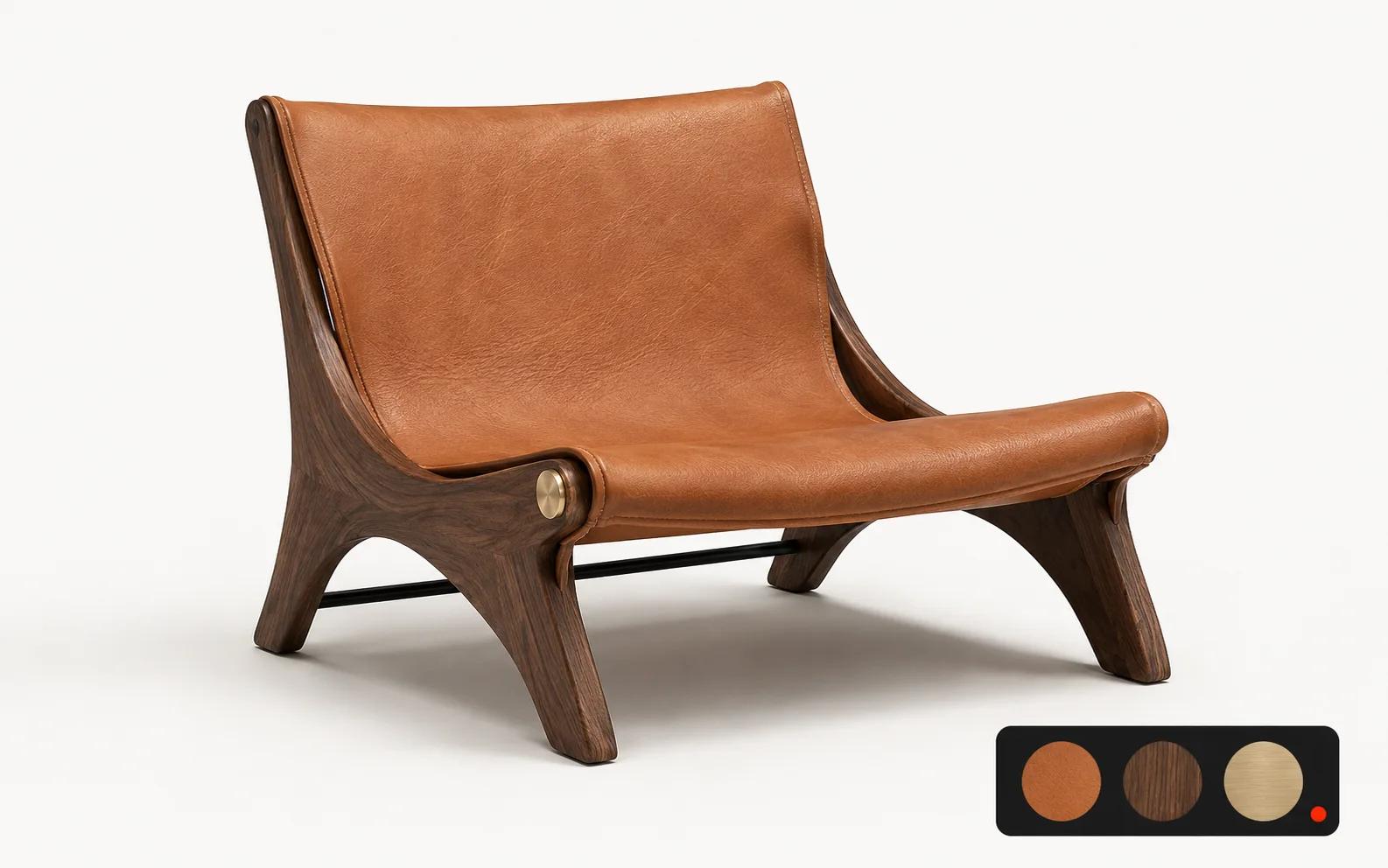 Original leather, walnut and bronze lounge chair shown as the dominant product inside a restrained interactive 3D control stage.