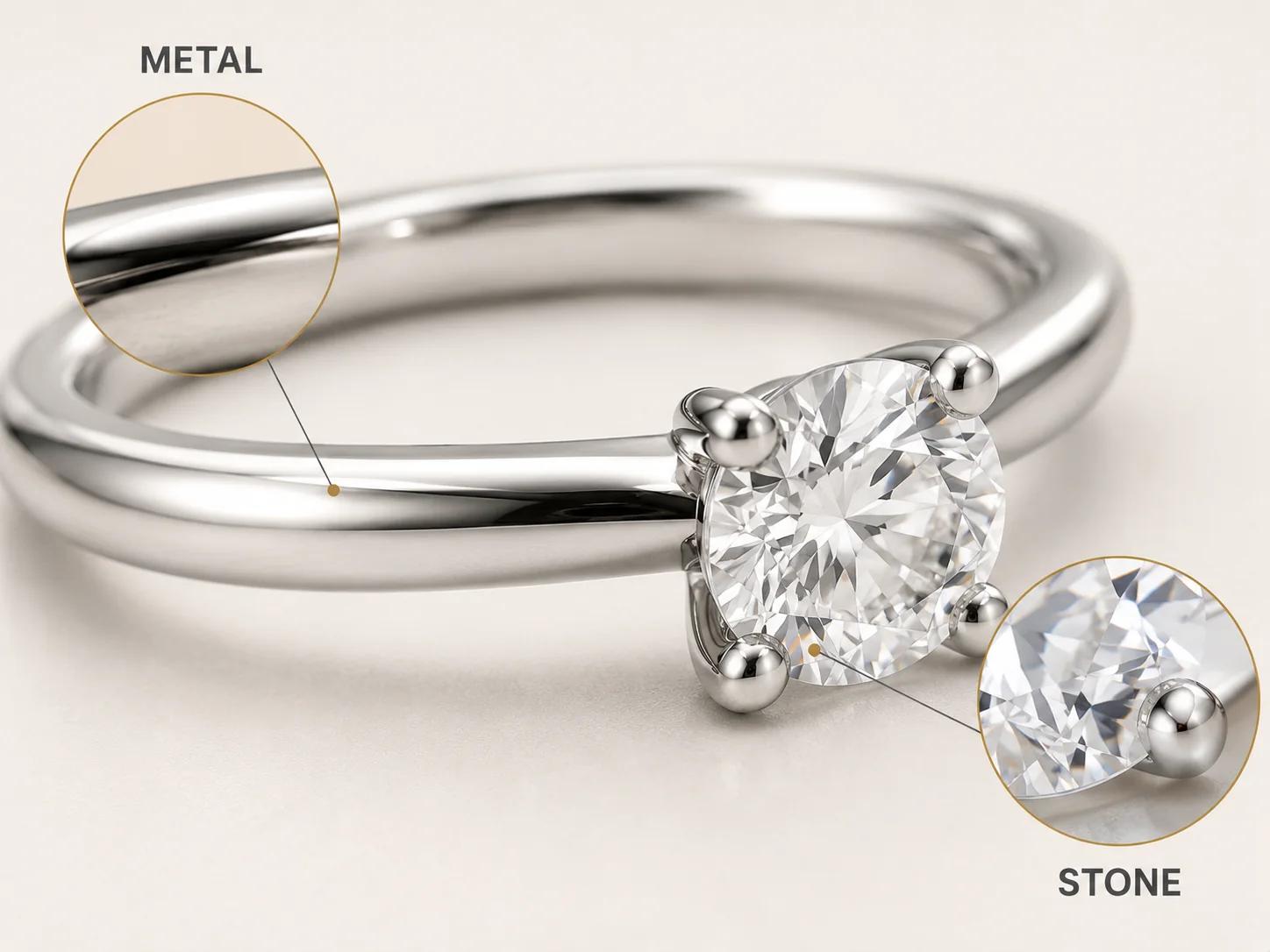 Macro lenses isolate the platinum-tone band and stone-setting contact on one solitaire ring for material and geometry review.