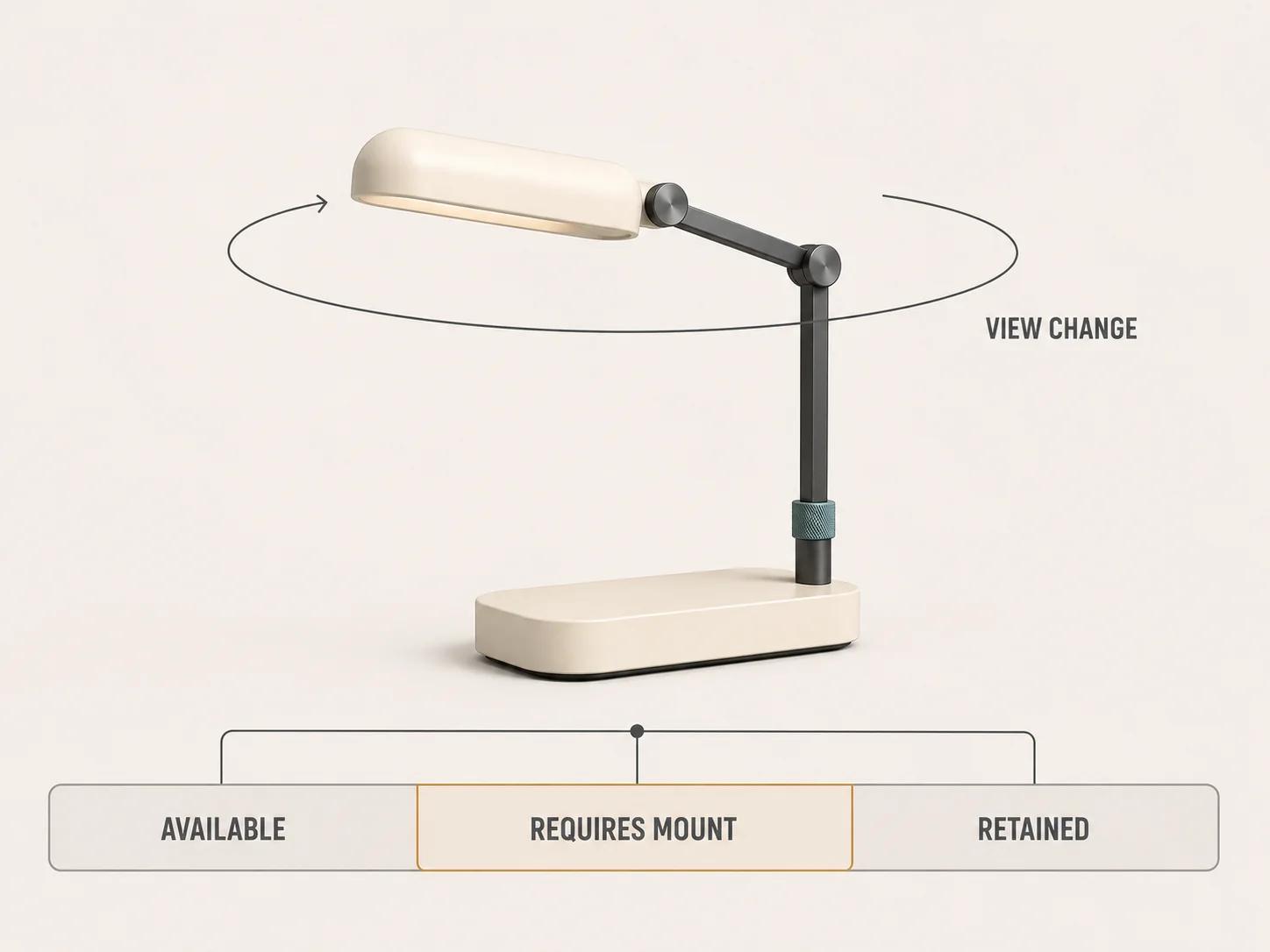 A single desk lamp sits beside available, prerequisite and retained option states while one orbit arc marks an explicit view change instead of a forced camera reset.