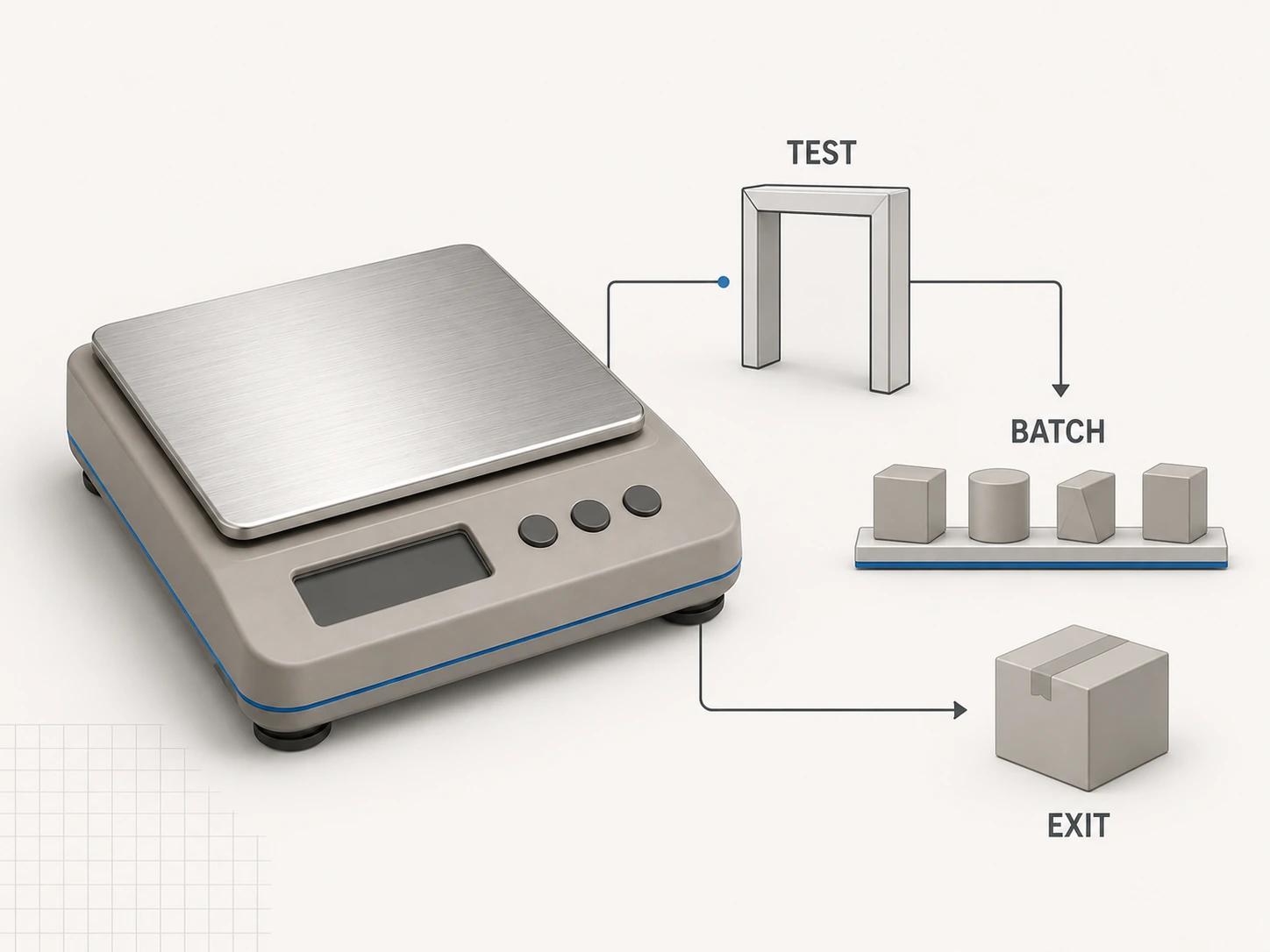 One test kitchen scale moves from a test gate beside an abstract batch queue to an exit package, with no volume or speed result claimed.