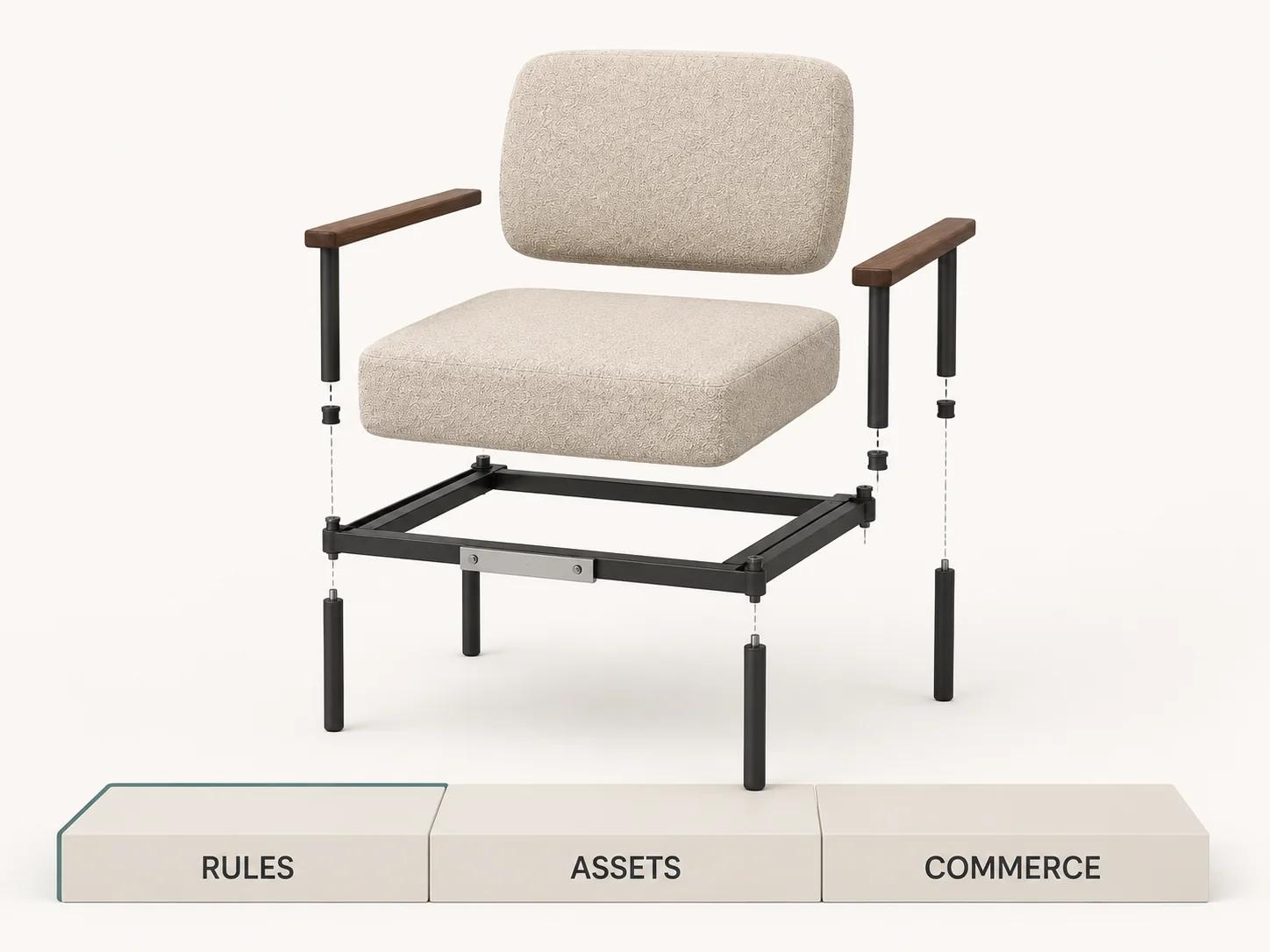 An exploded modular lounge chair remains aligned above three foundations labelled rules, assets and commerce, showing the systems that determine configurator scope.