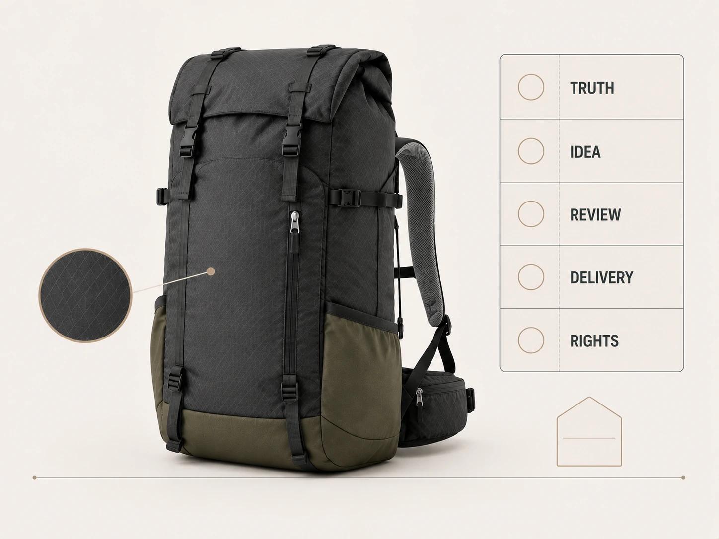 A hiking backpack is inspected beside empty scorecard rows for truth, idea, review, delivery and rights, plus an unfilled must-pass gate.
