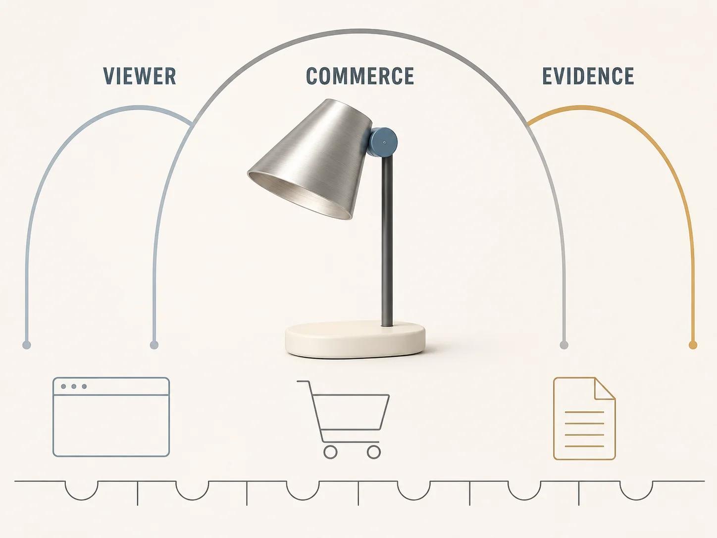 One desk lamp passes under separate viewer, commerce and evidence arches above six empty notches, indicating that every acceptance row needs a recorded result before release.