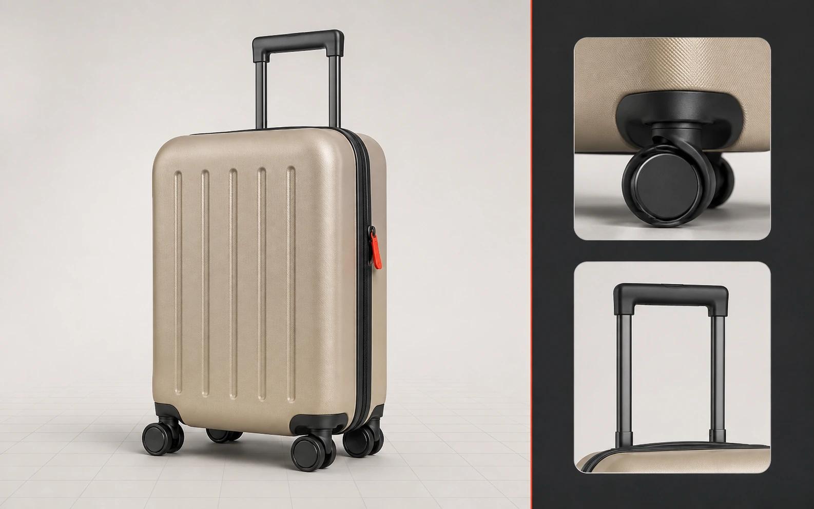 A suitcase appears with a wheel-detail inset and extended-handle state, illustrating identity, form, detail and function without repeating near-identical gallery views.
