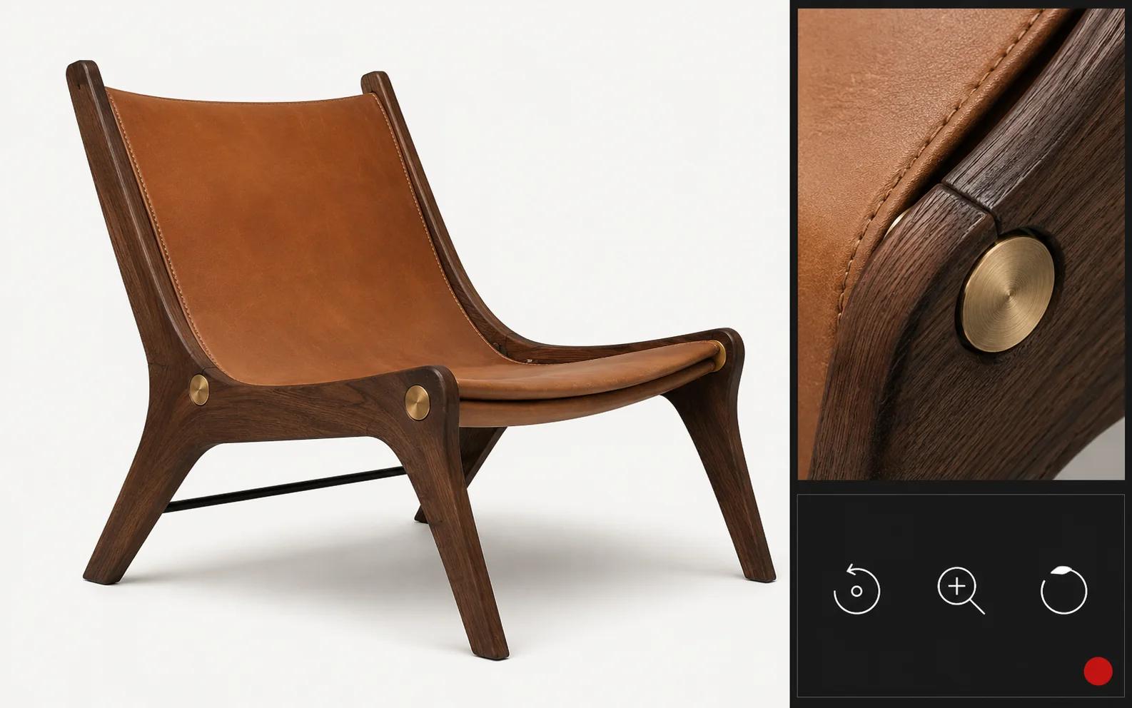 Luxury lounge chair paired with focused material and interaction inspection panels for leather, walnut and bronze release review.