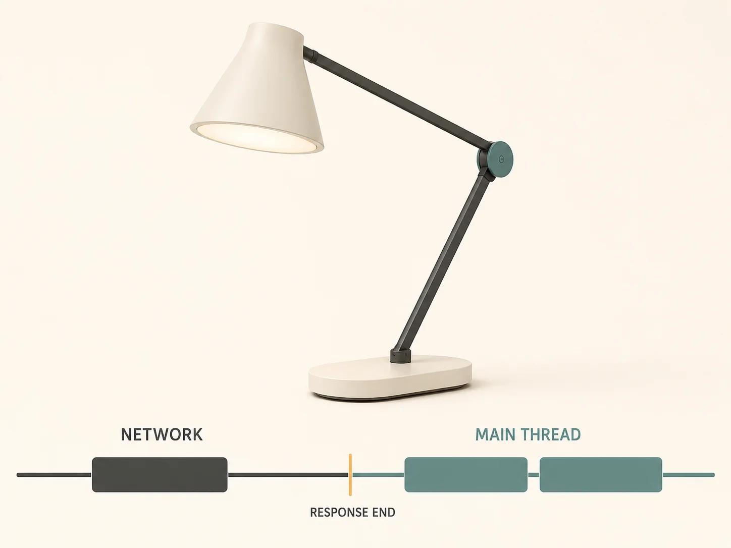 A task lamp sits above a timeline divided at response end, separating network transfer from the main-thread work that can delay the first usable 3D frame after bytes arrive.