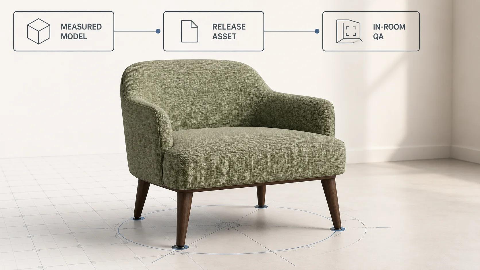 A measured lounge chair follows one release path onto an in-room floor plane, separating the source model, delivery asset and mobile placement review.