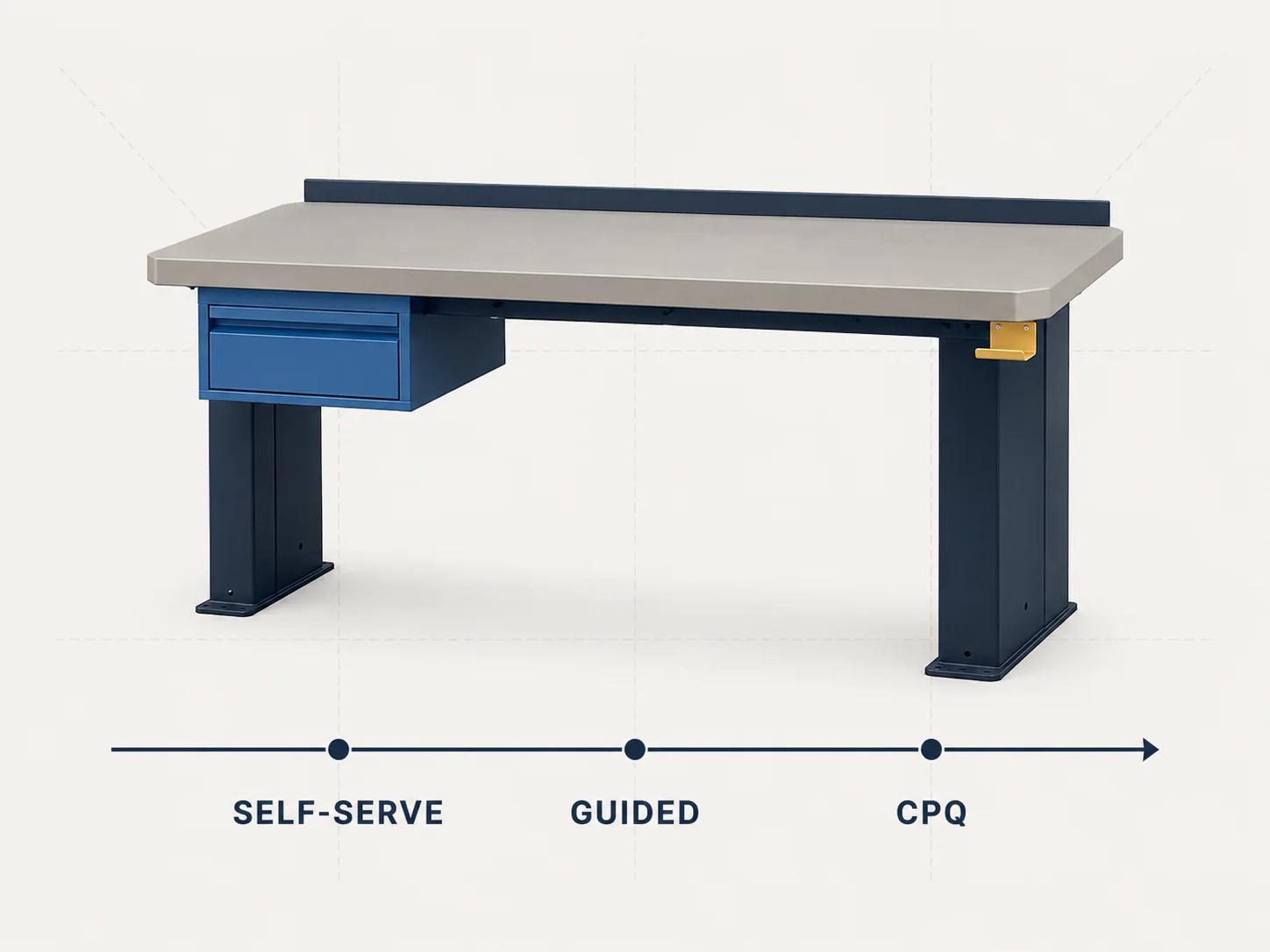 A modular workbench sits above a capability bar that progresses from self-service configuration to guided selling and CPQ control.